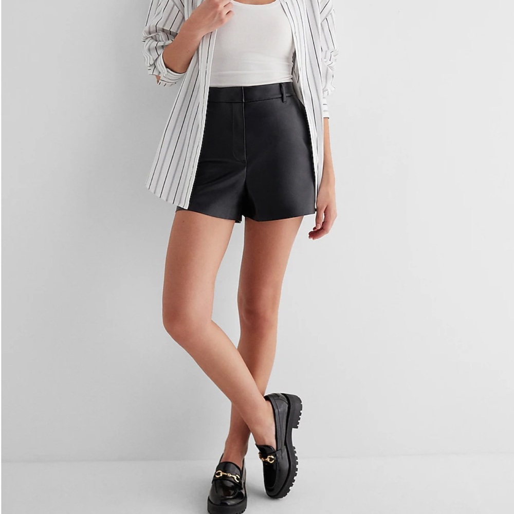 NWT Express Editor high waisted black faux leather shorts, size 2
